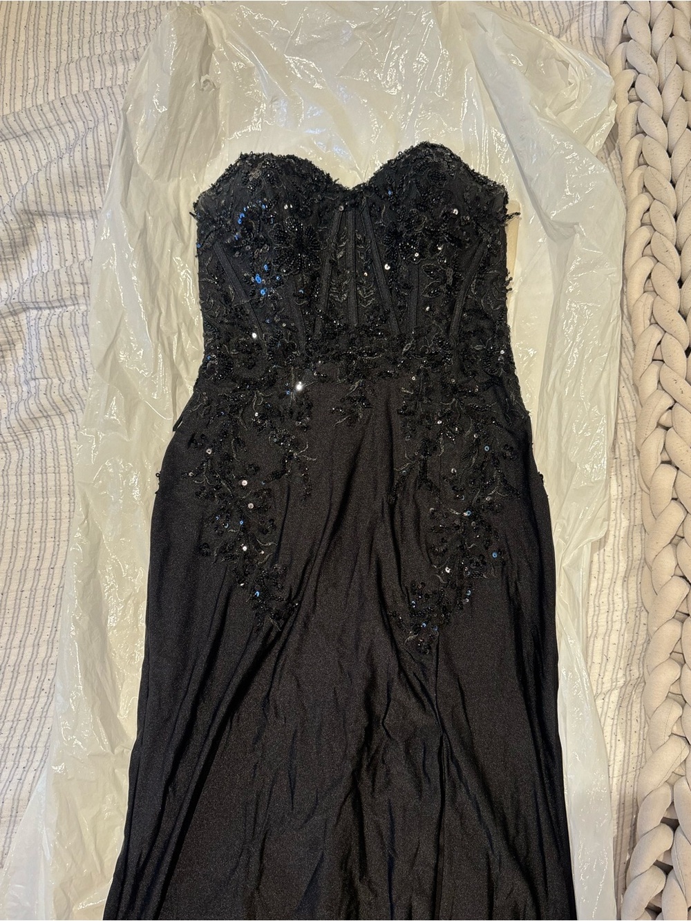Strapless Black Sequin Embellished Evening Dress